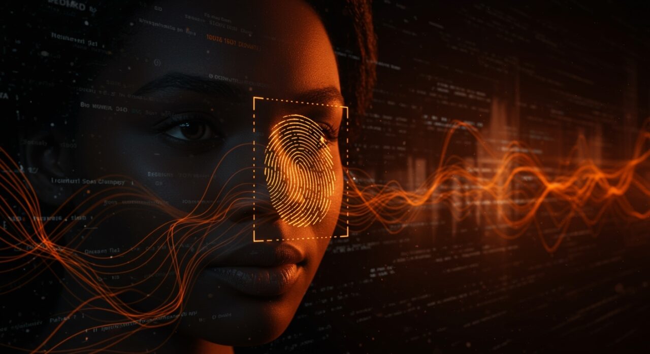 Recolección de datos biométricos y vigilancia en EE.UU. destacando la privacidad y seguridad nacional bajo tecnología avanzada.