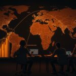 Startup españolas planificando su expansión internacional en mercados emergentes de Arabia Saudí y Emiratos Árabes Unidos con símbolos de crecimiento y tecnología.