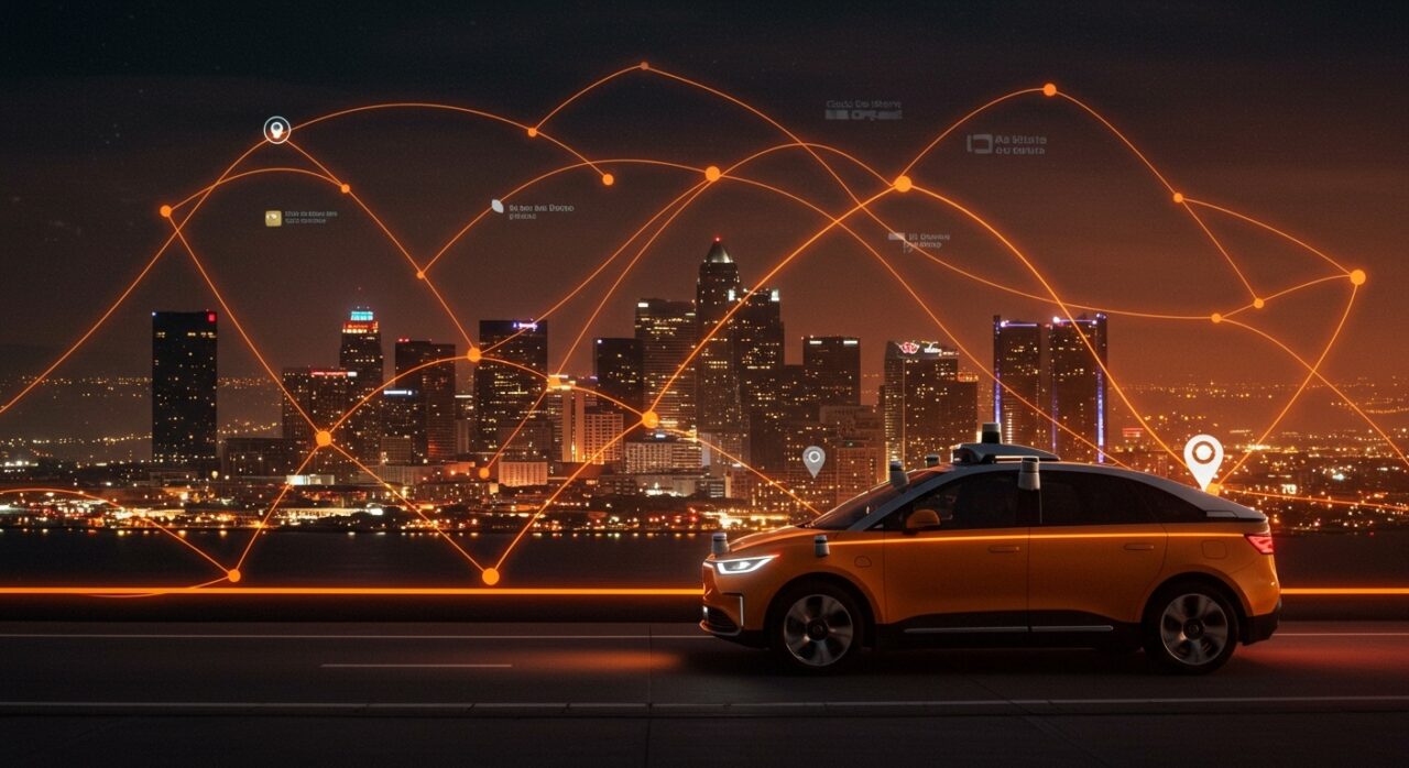 Waymo robotaxi expandiendo servicio de movilidad autónoma en nuevas ciudades como San Diego, Las Vegas y Detroit, destacando la innovación tecnológica y desafíos regulatorios.