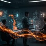 Expertos en inteligencia artificial de Tesla colaborando en laboratorio futurista con robots domésticos, simbolizando innovación y movimiento de talento en robótica.