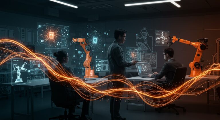 Expertos en inteligencia artificial de Tesla colaborando en laboratorio futurista con robots domésticos, simbolizando innovación y movimiento de talento en robótica.