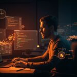 Programación asincrónica ilustrada con un desarrollador y códigos flotantes en ecosistema startup con tonos naranja y negro.