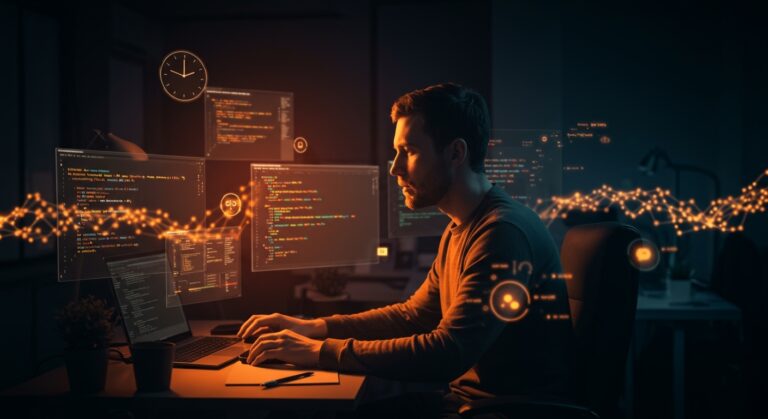 Programación asincrónica ilustrada con un desarrollador y códigos flotantes en ecosistema startup con tonos naranja y negro.