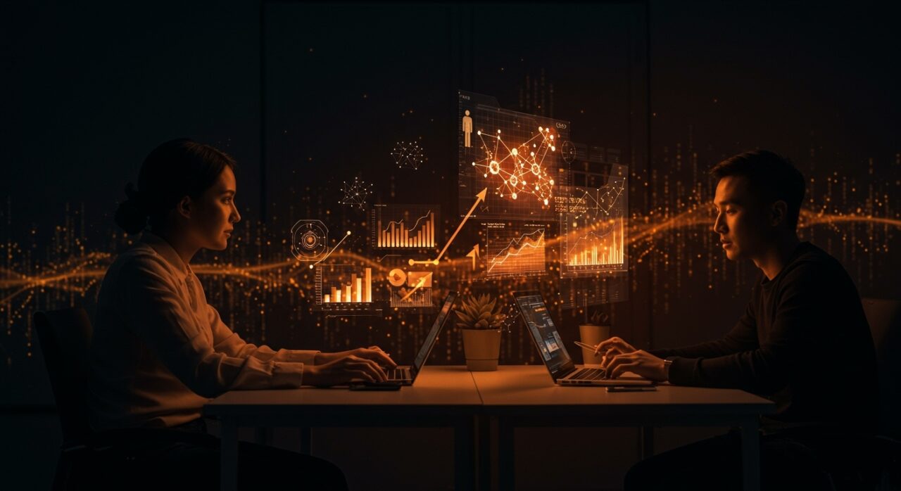 Filtros de Bloom y escalabilidad en startups tecnológicas representados con hologramas digitales y metáforas visuales de eficiencia y tecnología.