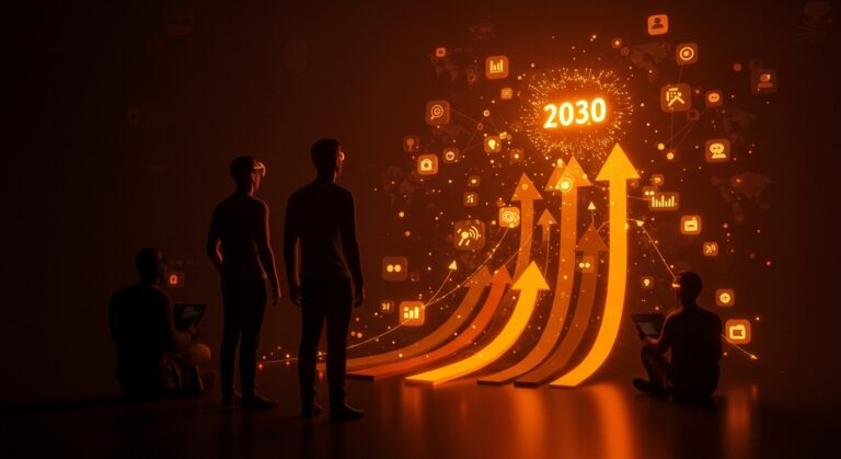 Análisis visual del impacto de Millennials en Facebook y el rumbo estratégico hacia 2030 con metáforas de cambio generacional y tendencias de mercado.