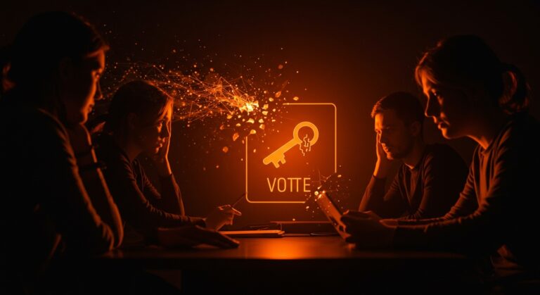 Equipo de startups tecnológicas analizando fallo criptográfico en votación electrónica, destacando seguridad digital y errores humanos en sistemas criptográficos.