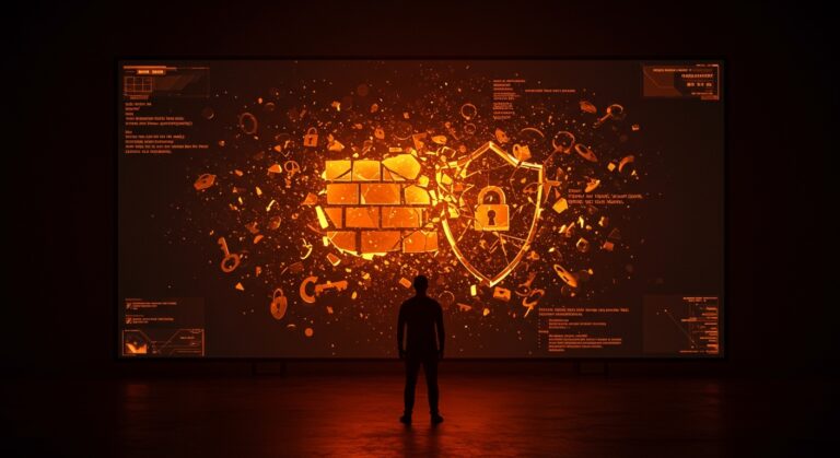 Escena conceptual mostrando el impacto de la eliminación de reglas de ciberseguridad por la FCC en startups tecnológicas y riesgos digitales.