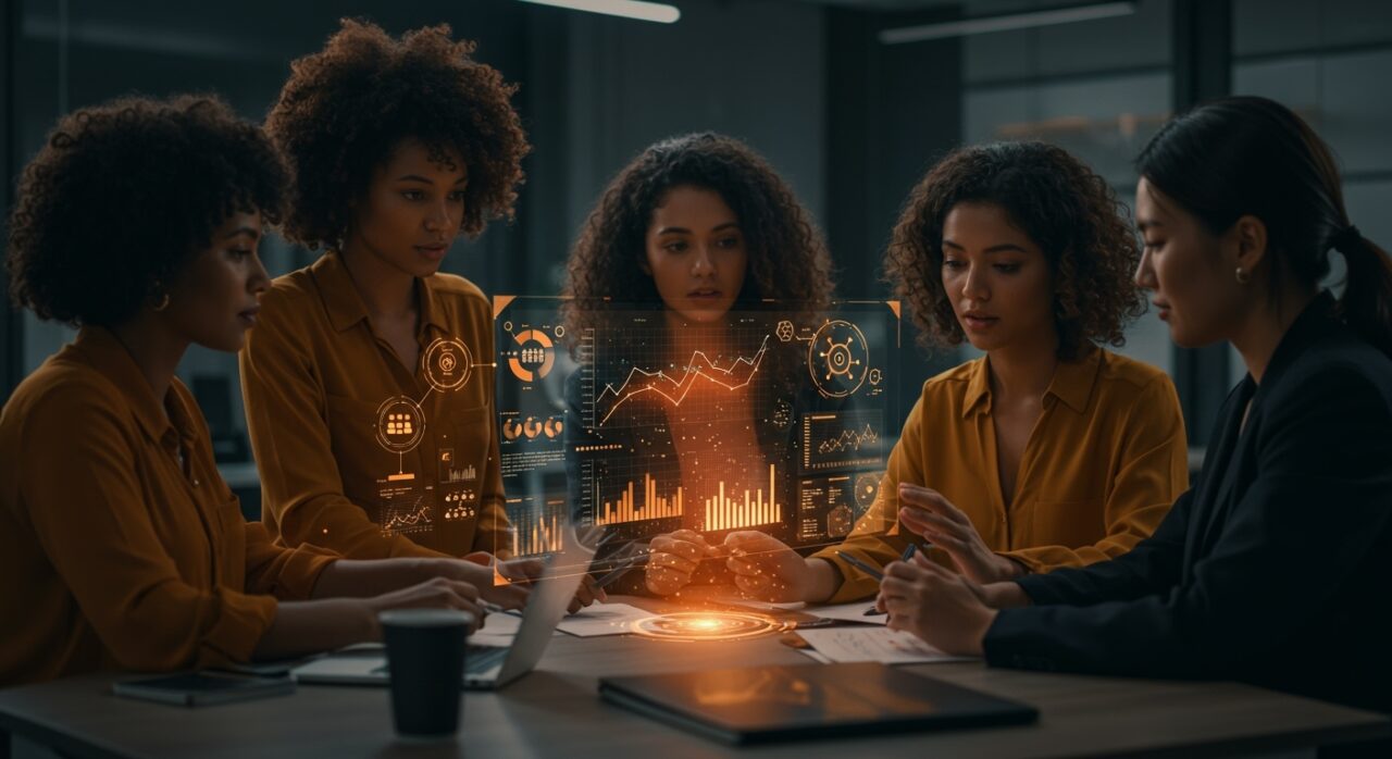 Liderazgo femenino en startups tecnológicas representado por un grupo de fundadoras colaborando con interfaces digitales innovadoras en ambiente moderno y diverso.