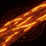 Fibra fotónica textil iluminada en tonos naranja y negro, representando la trazabilidad y reciclaje textil para innovación sustentable en moda circular.