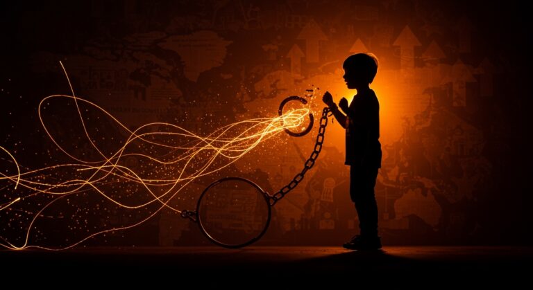 Imagen simbólica sobre el fin del matrimonio infantil en EE. UU. mostrando cadenas rotas y elementos visuales de reforma legal y derechos humanos.