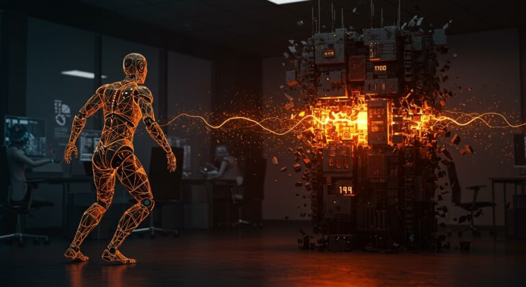 Ilustración futurista de IA neuro-simbólica con redes neuronales y arquitectura transformer en transformación, representando nueva financiación startup y cambio de paradigma en IA.