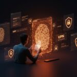 Founder tech analizando fingerprinting de navegador con símbolos de privacidad y legalidad online en paleta naranja y negro para ecosistema startup.