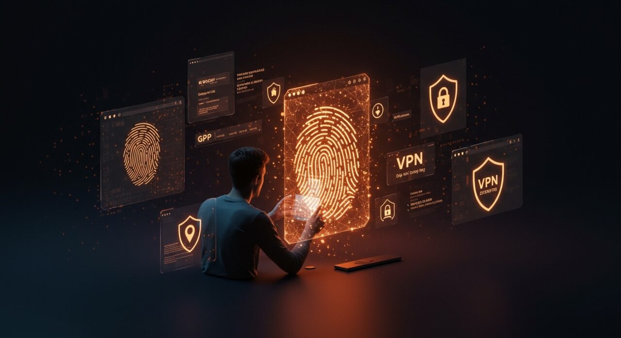 Founder tech analizando fingerprinting de navegador con símbolos de privacidad y legalidad online en paleta naranja y negro para ecosistema startup.