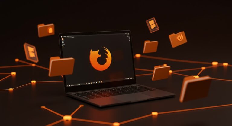 Integración de Firefox 147 con XDG Base Directory en Linux representada con folders digitales y símbolos de configuración en tonos naranja y negro.