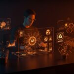 Fundador interactuando con IA aplicada para imágenes y automatización creativa en un entorno tecnológico innovador con paleta naranja y negro.