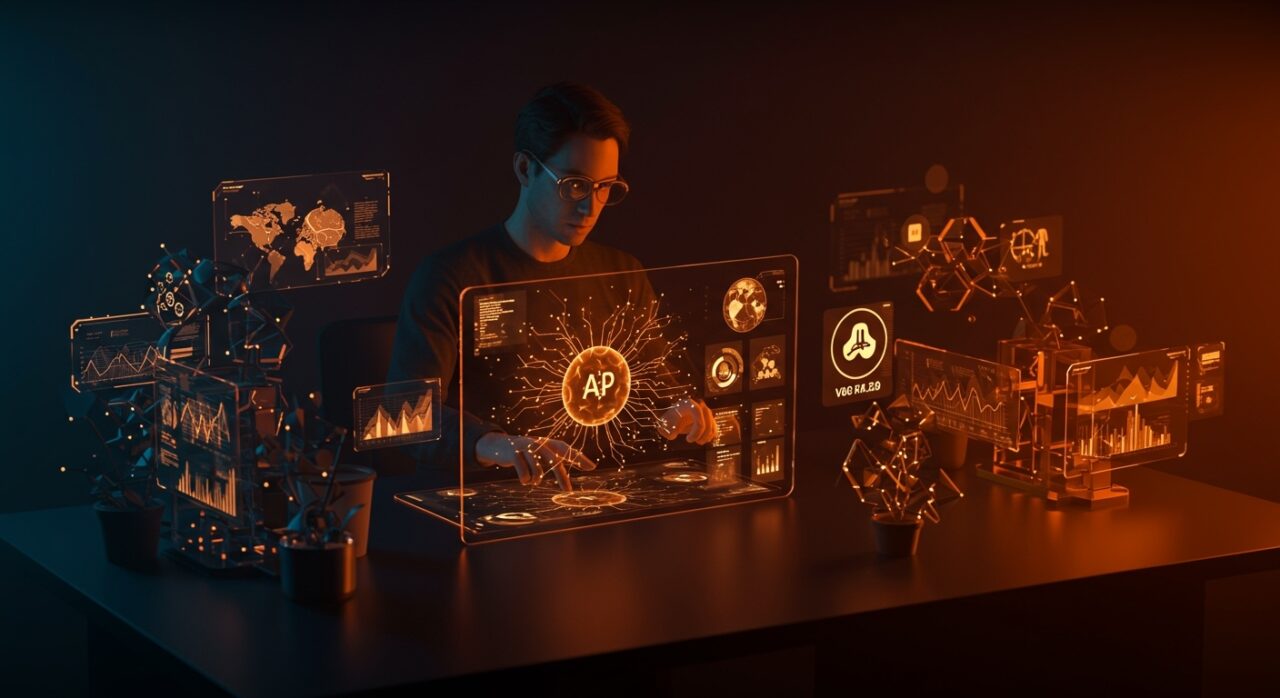 Fundador interactuando con IA aplicada para imágenes y automatización creativa en un entorno tecnológico innovador con paleta naranja y negro.