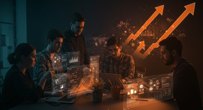 Startups colaborando con tecnología innovadora para pymes chilenas en un entorno digital con flujo de financiamiento y crecimiento.