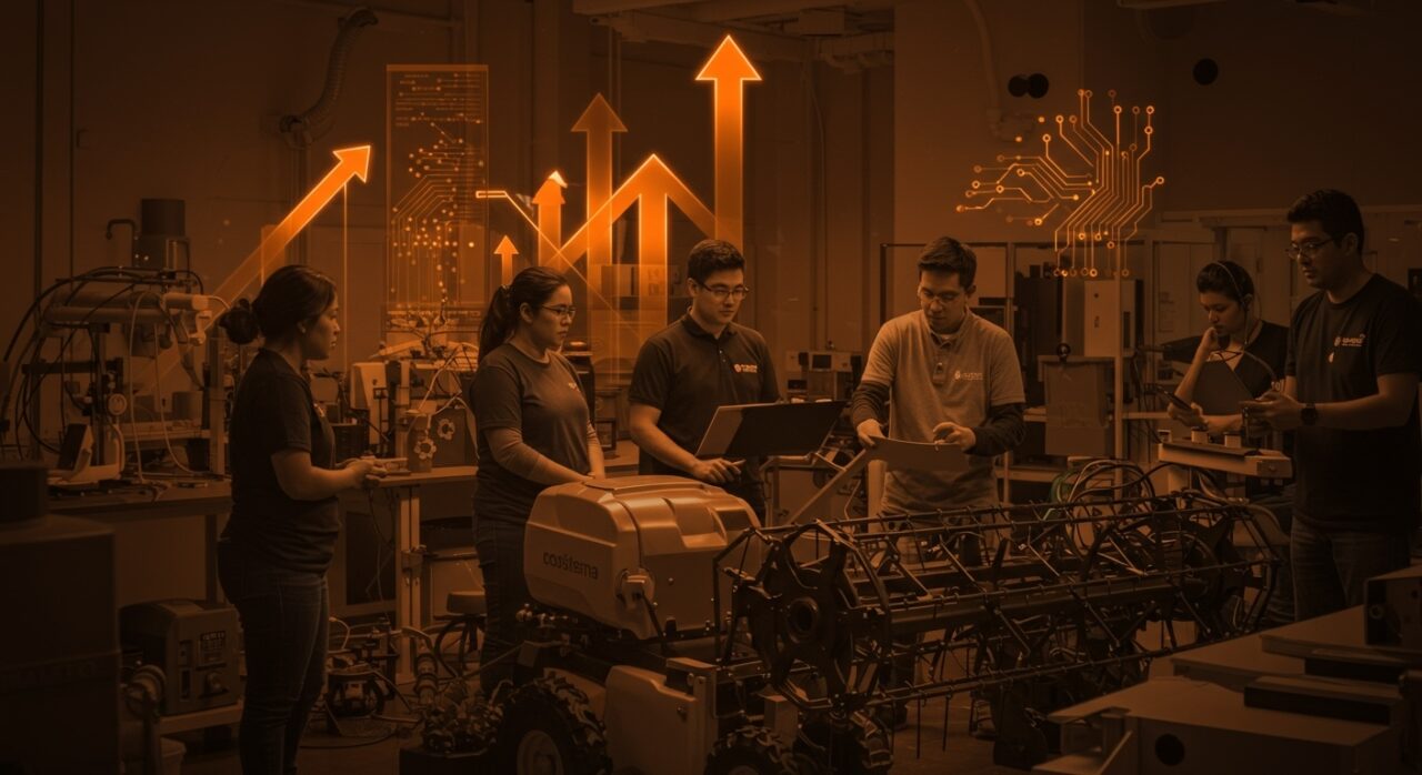 Startups agtech de LATAM colaborando en laboratorio moderno en St. Louis, representando innovación y acceso al mercado de EE.UU.