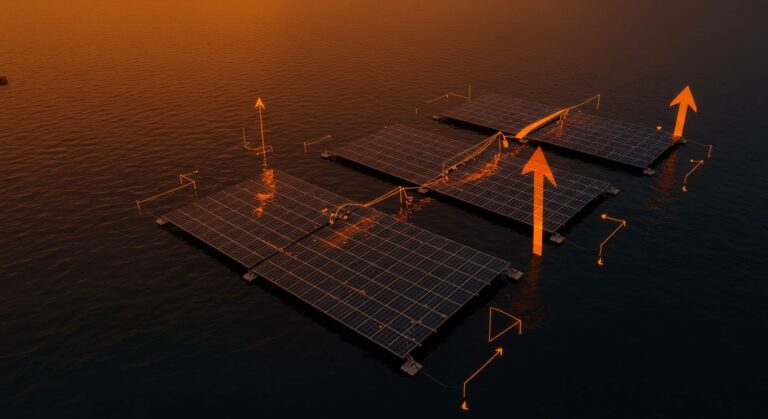 Tecnología fotovoltaica flotante en el puerto de Valencia destacando energía renovable e innovación sostenible.