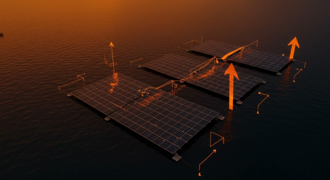 Tecnología fotovoltaica flotante en el puerto de Valencia destacando energía renovable e innovación sostenible.
