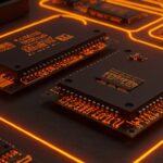 FPGA y microprocesador NEC V20 recreando un IBM-PC-XT en un entorno de hardware retro y desarrollo FPGA moderno con estética naranja y negra.