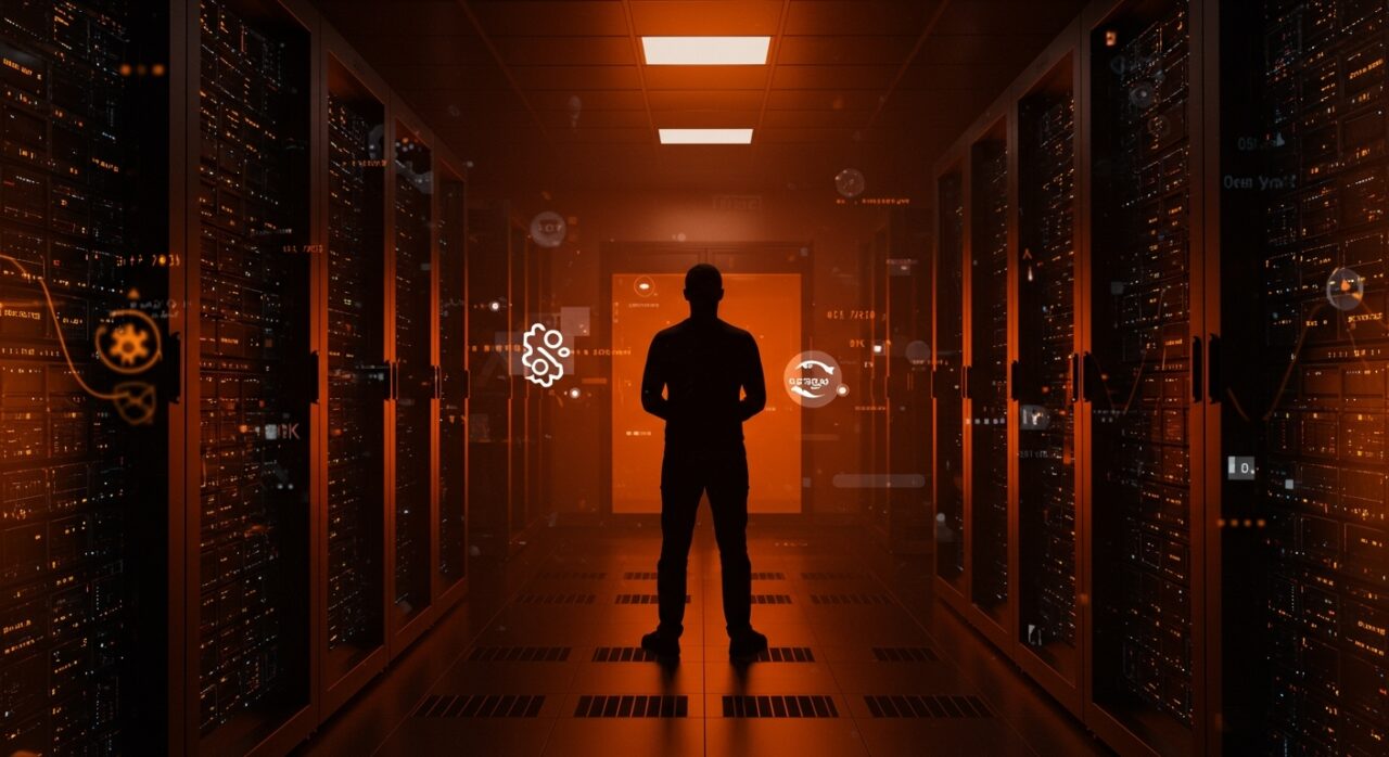 Startup founder en sala de servidores FreeBSD con enfoque en estabilidad y uptime para infraestructura tecnológica.