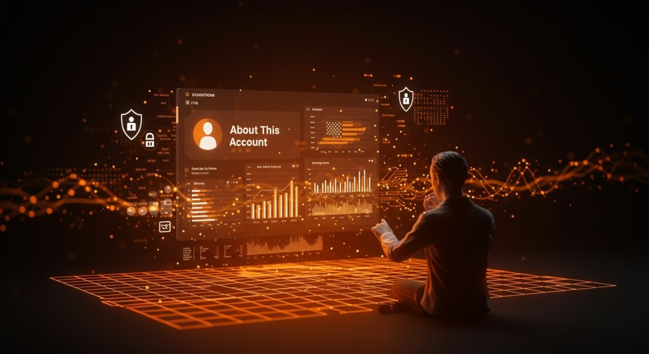 Interfaz digital de la función About This Account en redes sociales, destacando transparencia y análisis de cuentas en tecnología startup.