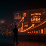 Founder de healthtech frente a gráficas digitales representando ronda de funding Serie B de $298M y liderazgo en tecnología médica y biotech en LATAM.