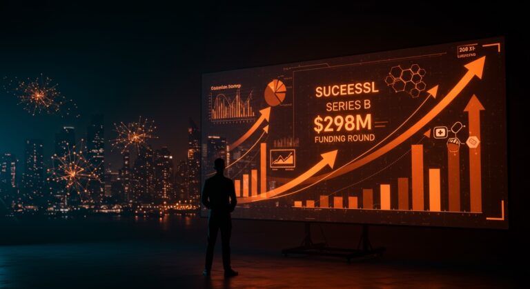 Founder de healthtech frente a gráficas digitales representando ronda de funding Serie B de $298M y liderazgo en tecnología médica y biotech en LATAM.