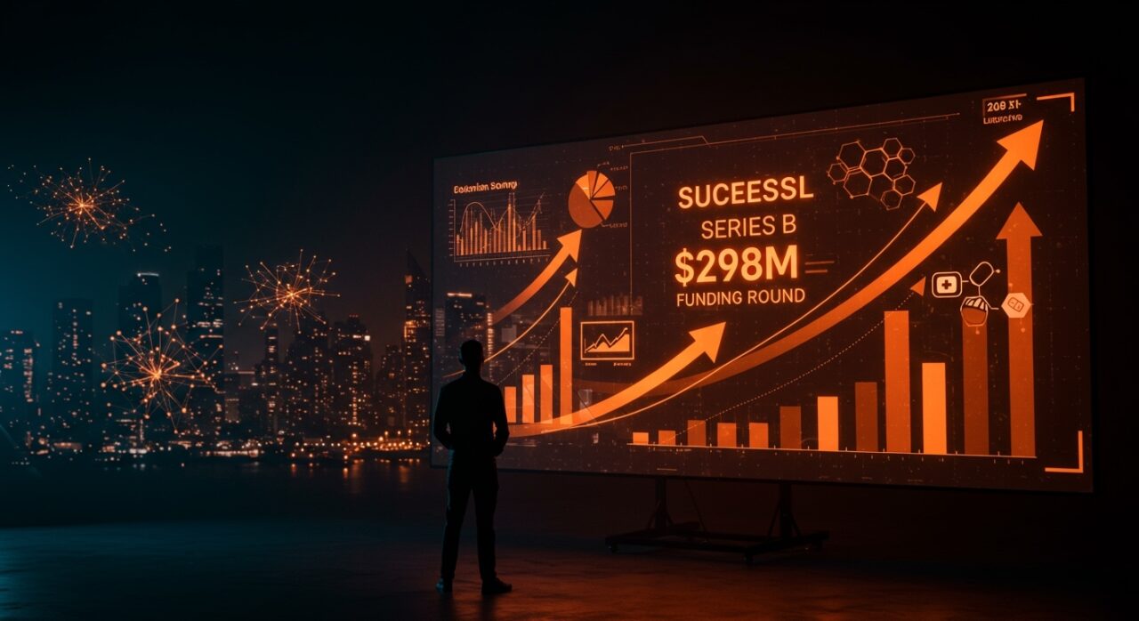 Founder de healthtech frente a gráficas digitales representando ronda de funding Serie B de $298M y liderazgo en tecnología médica y biotech en LATAM.