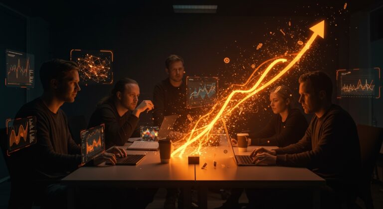 Fundadores nórdicos de startups tech trabajando con proyecciones de IA y visualización de crecimiento y financiación récord en un entorno innovador.