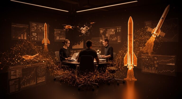Startups aeroespaciales colaborando en innovación tecnológica con simbolismos de funding récord y avances en IA y defensa.