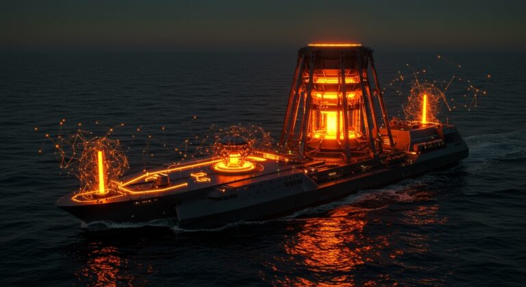 Reactor de fusión marino en barco innovador, representando energía limpia y tecnología startup en el sector marítimo.