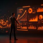 Fundador de startup frente a interfaz digital mostrando crecimiento SaaS con IA aplicada y valoración de 2.1 mil millones de dólares.