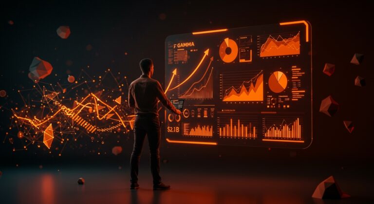 Fundador de startup frente a interfaz digital mostrando crecimiento SaaS con IA aplicada y valoración de 2.1 mil millones de dólares.