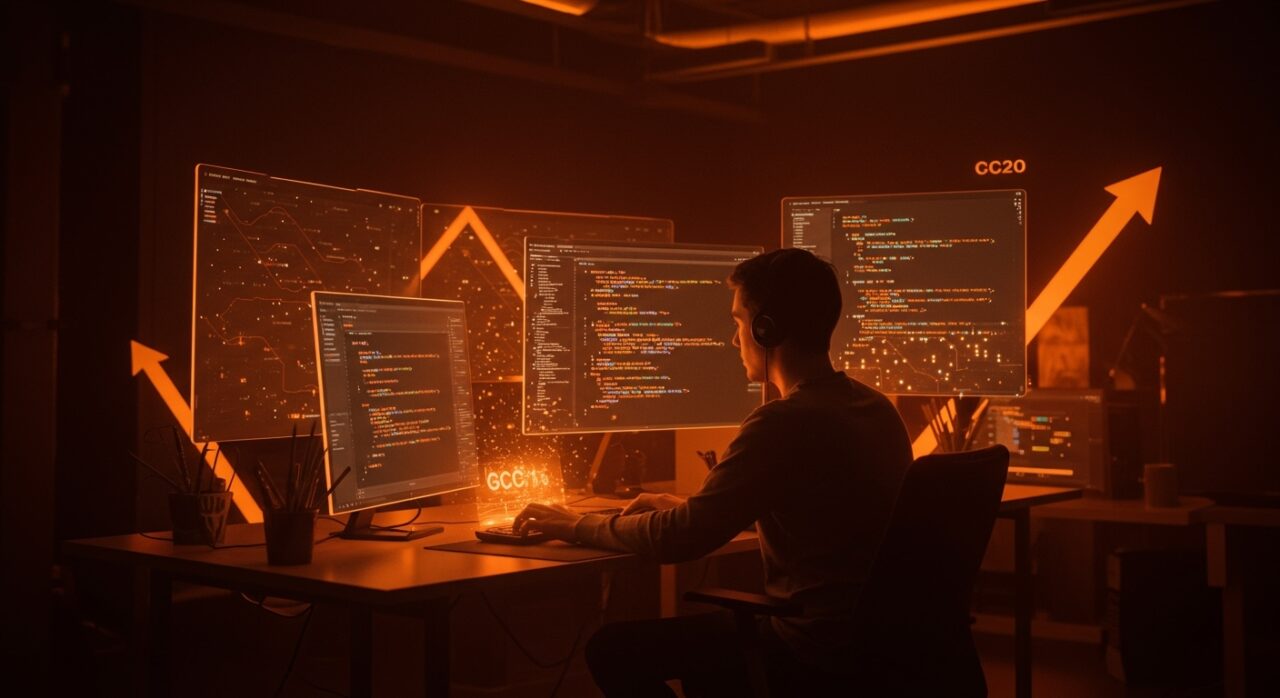 Desarrollador trabajando con código C++20 y compilador GCC16, simbolizando la actualización tecnológica en startups y software moderno.