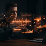 Founder tecnológico usando Gemini 3 Pro para transcripción de audio y benchmarks de inteligencia artificial en un espacio futurista con gráficos y redes neuronales abstractas.