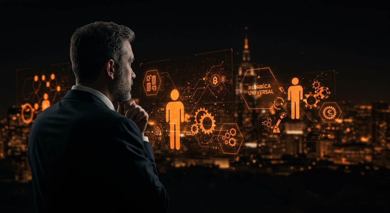 Generación X enfrentando riesgo de pérdida de empleo por IA y automatización, con representación visual de renta básica universal en el contexto laboral.