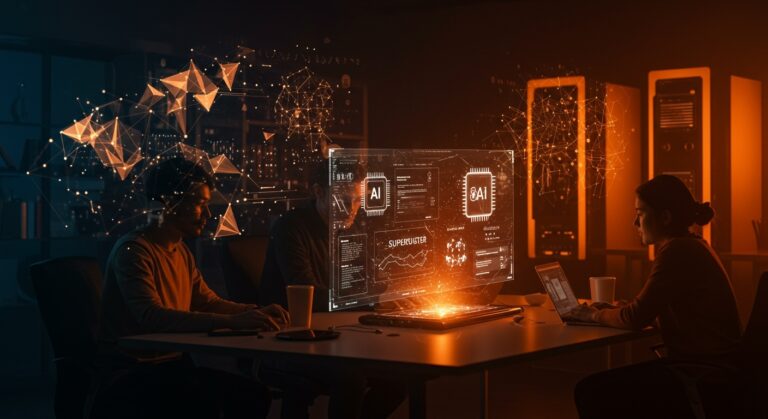 Startup colaborando con supercomputadora e infraestructura de inteligencia artificial en ecosistema AI innovador y gobernanza de datos.