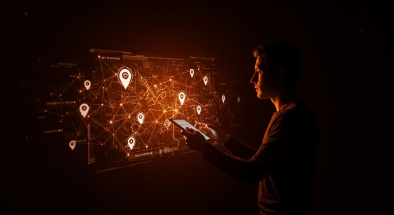 Founder tecnológico analizando mapa digital de geolocalización Wi-Fi con íconos de privacidad y riesgos para startups.