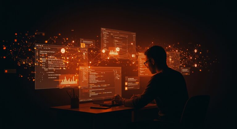 Desarrollador frente a pantallas con incidencias de GitHub en operaciones de clonación y push, ilustrando problemas en la plataforma para desarrolladores en noviembre 2025.