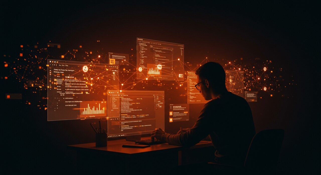 Desarrollador frente a pantallas con incidencias de GitHub en operaciones de clonación y push, ilustrando problemas en la plataforma para desarrolladores en noviembre 2025.