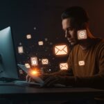 Ilustración de protección de privacidad en Gmail contra uso de correos para entrenamiento de IA con elementos visuales de inteligencia artificial y seguridad de datos.