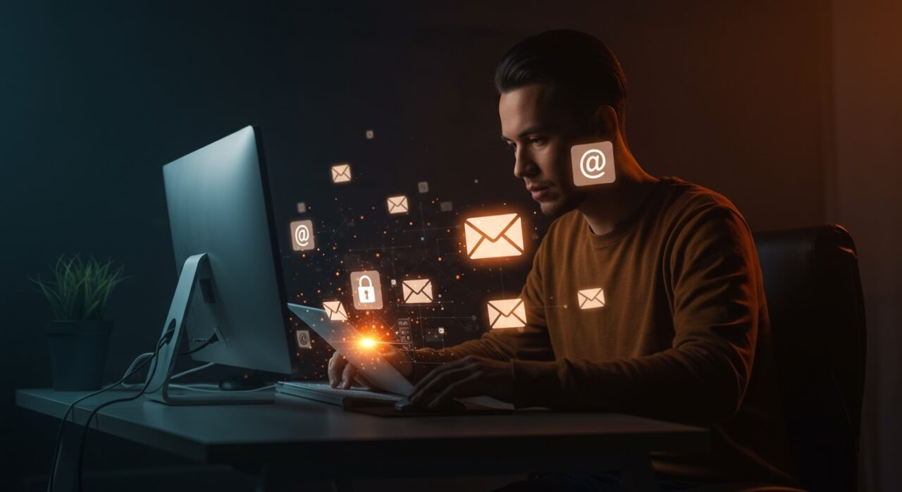 Ilustración de protección de privacidad en Gmail contra uso de correos para entrenamiento de IA con elementos visuales de inteligencia artificial y seguridad de datos.