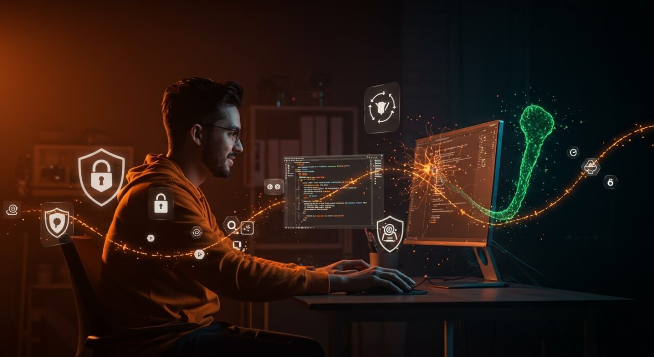 Desarrollador de software trabajando en Go programming con elementos visuales que representan testing concurrente, inteligencia artificial y seguridad software.