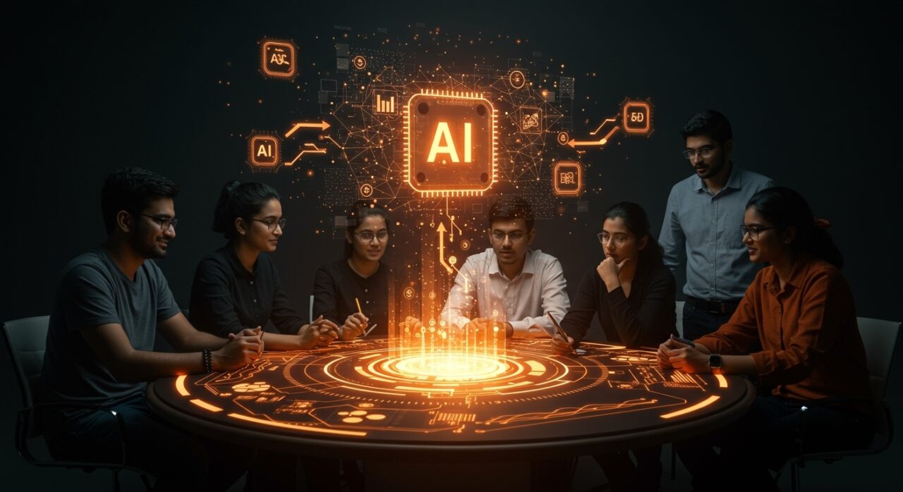 Startup indias impulsadas por inversión y mentoría en inteligencia artificial con apoyo de Google y Accel en un entorno colaborativo futurista.