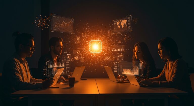 Founders de startups de inteligencia artificial en India colaborando, impulsados por inversión de Google y Accel, en un entorno tecnológico avanzado.