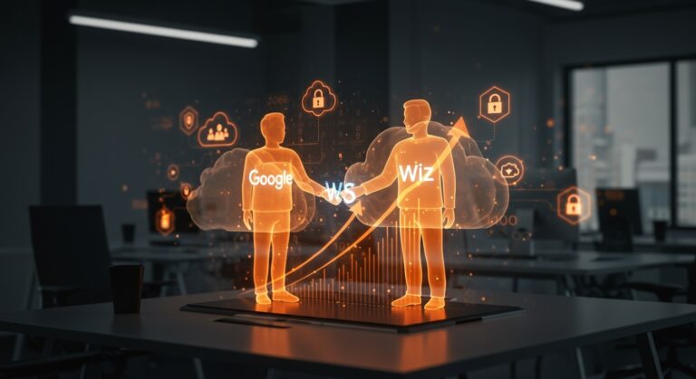 Adquisición de Wiz por Google destacada con símbolos de seguridad cloud y crecimiento tecnológico en startups.