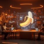 Profesionales en un entorno futurista interactuando con imágenes generadas por IA Google DeepMind Nano Banana Pro para empresas y startups.