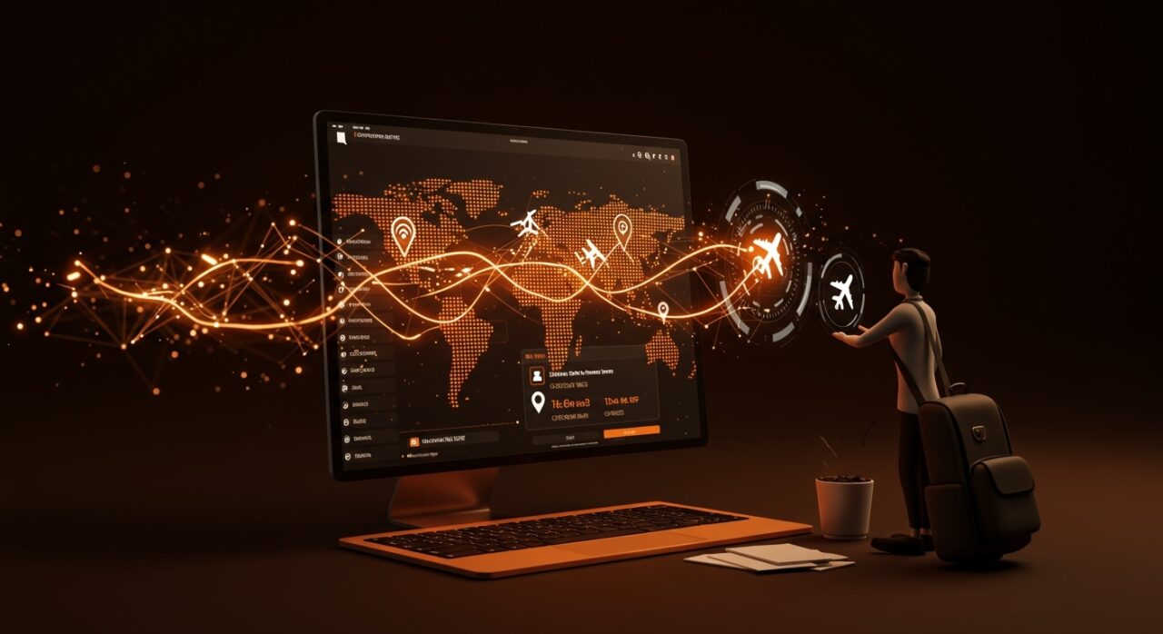 Interfaz digital de Google Flight Deals con asistente IA mostrando automatización y opciones de vuelos baratos para viajeros tecnológicos.